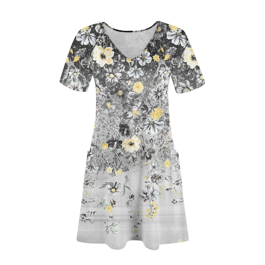 Женские модные повседневные платья с карманами и принтом в богемном стиле, пляжные платья с v-образным вырезом и короткими рукавами