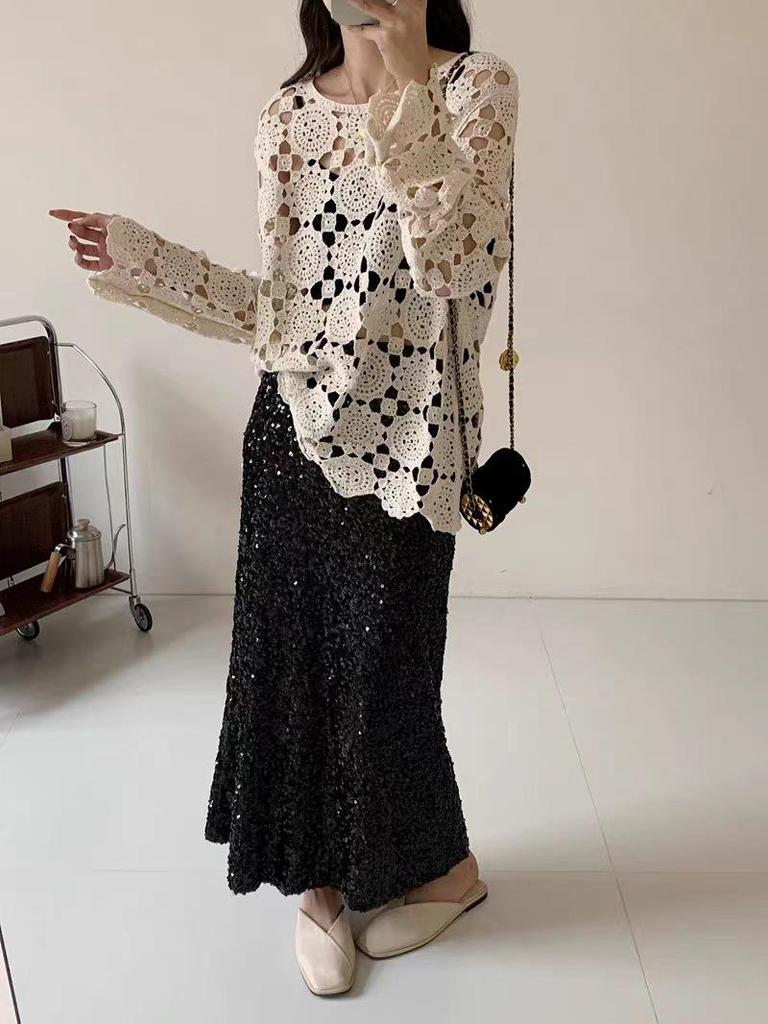 Chic Knitted Hollow-Out Sweater | Plus Size French Style | Loose Long Sleeve | Early Autumn Women's Outerwear