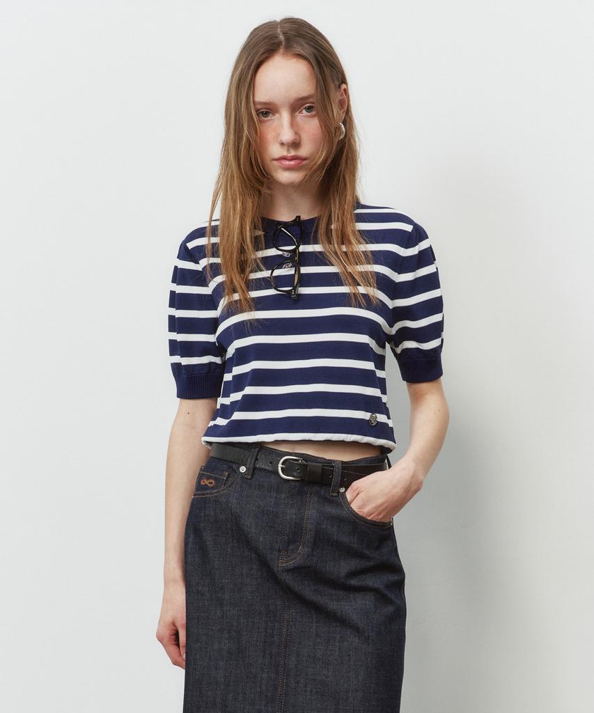 PLAC WOMEN Striped Puff Sleeve Knit Top Navy