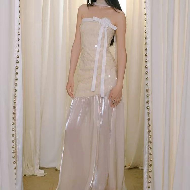 In Stock: Strapless Sweet 3D Floral Patchwork Mesh Long Dress