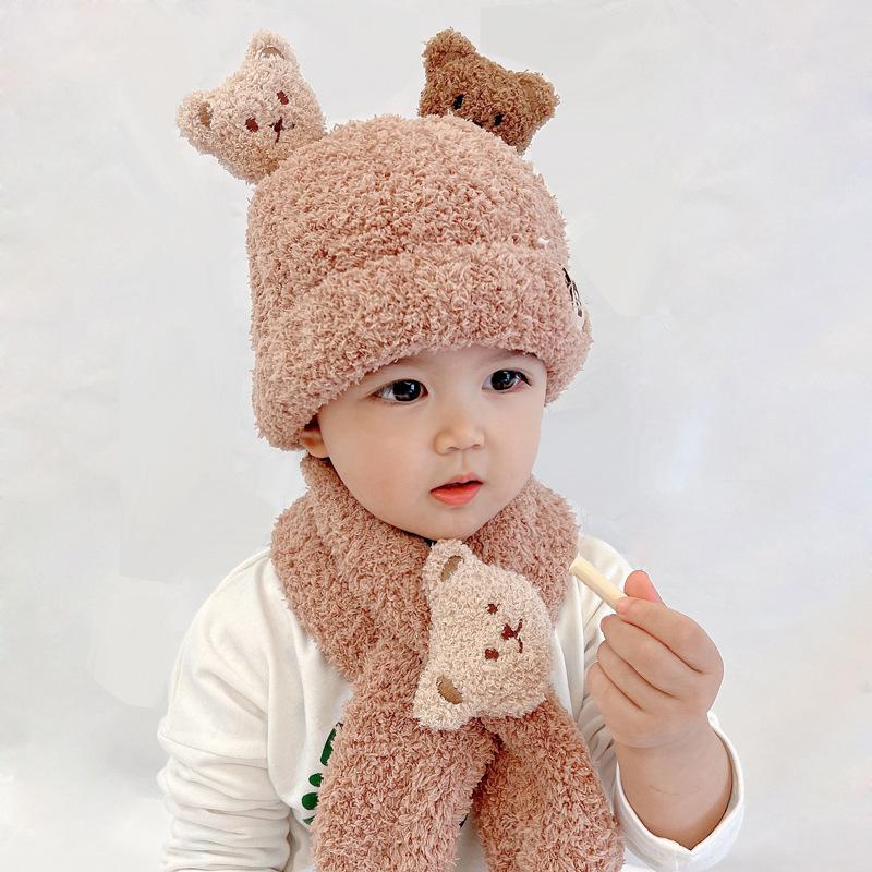 Children's Warm Bear Scarf Knitted Hat Autumn/Winter Girls' Two-piece Set with Fleece Hat