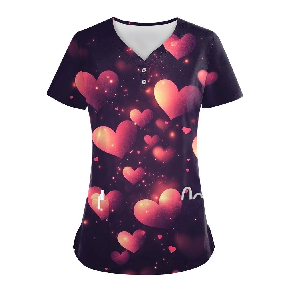 Женские модные повседневные топы с V-образным вырезом на пуговицах и принтом ко Дню святого Валентина, топы для кормящих мам, топы-халаты для женщин, 2 кармана