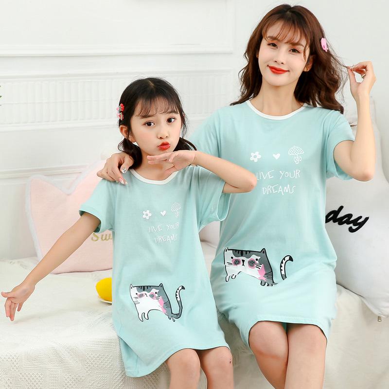 Girls' Summer Cartoon Short Sleeve Pajamas - Cute Parent-Child Cotton Nightdress