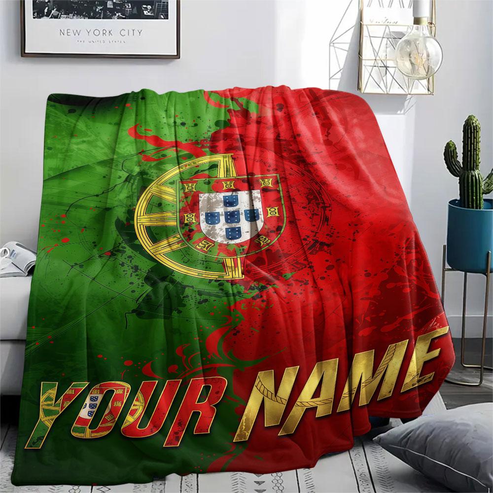 Custom Name,Portugal Flag Map Art Printed Flannel Blanket, soft throw for bedroom sofa, washable,fan merchandise, great gift.chl