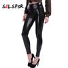 Женские черные леггинсы Черные лоскутные леггинсы из искусственной кожи для тренировок Популярные плиссированные леггинсы на бедрах