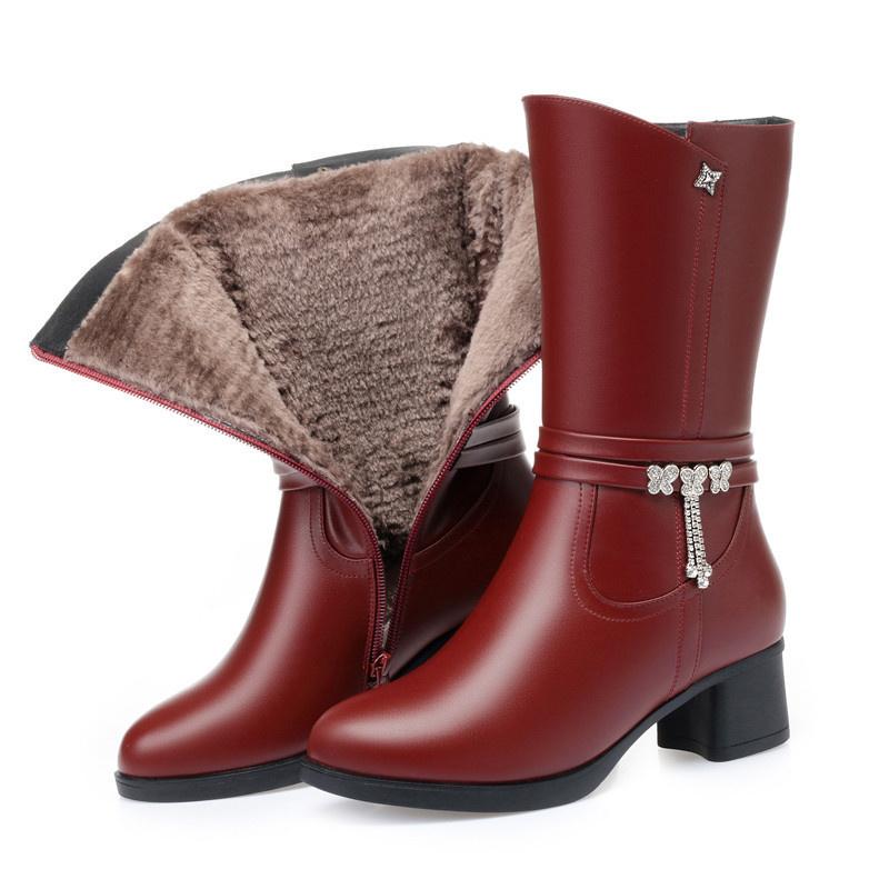 Модные удобные мягкие кожаные ботинки средней длины мотоциклетные ботинки зима 2024 года каблуки Med Block с плюшевым мехом Mom элегантные нескользящие туфли