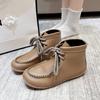 Women's Solid-color Flock Flat Boots Leisure Lace Up Soft Sole Shoes Boats Comfortable Lightweight Non Slip Ankle Boots