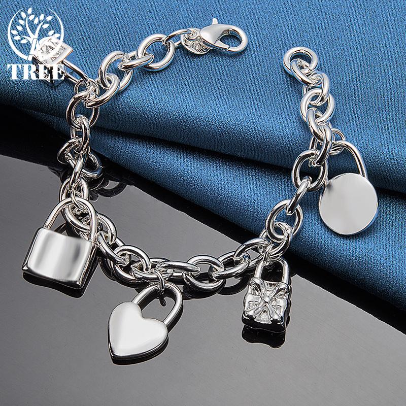 925 Sterling Silver Bracelet Heart / Circle / Square Lock Bracelets Bangles Jewelry