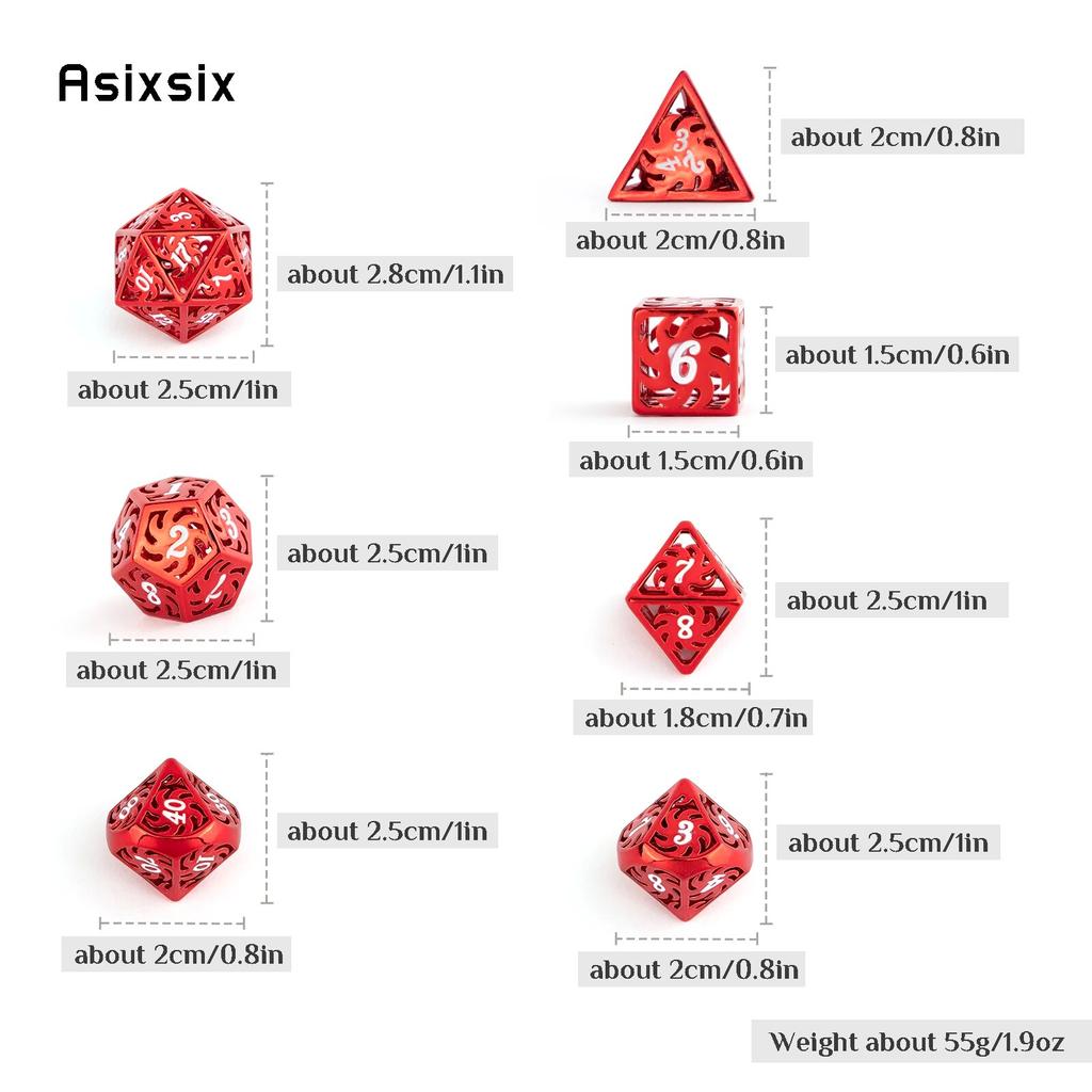 7 Pcs White Red Rotary Windmill Metal Dice Hollow Metal Polyhedral Dice Set Suitable for Role-Playing RPG Board Game Card Game