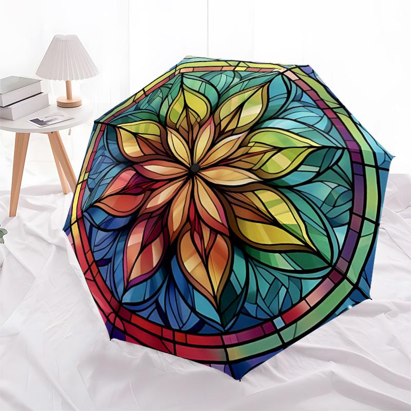 1pc Stained Glass Mandala Automatic Open/Close Umbrella, Portable Folding Umbrella, Compact Travel Umbrella for077
