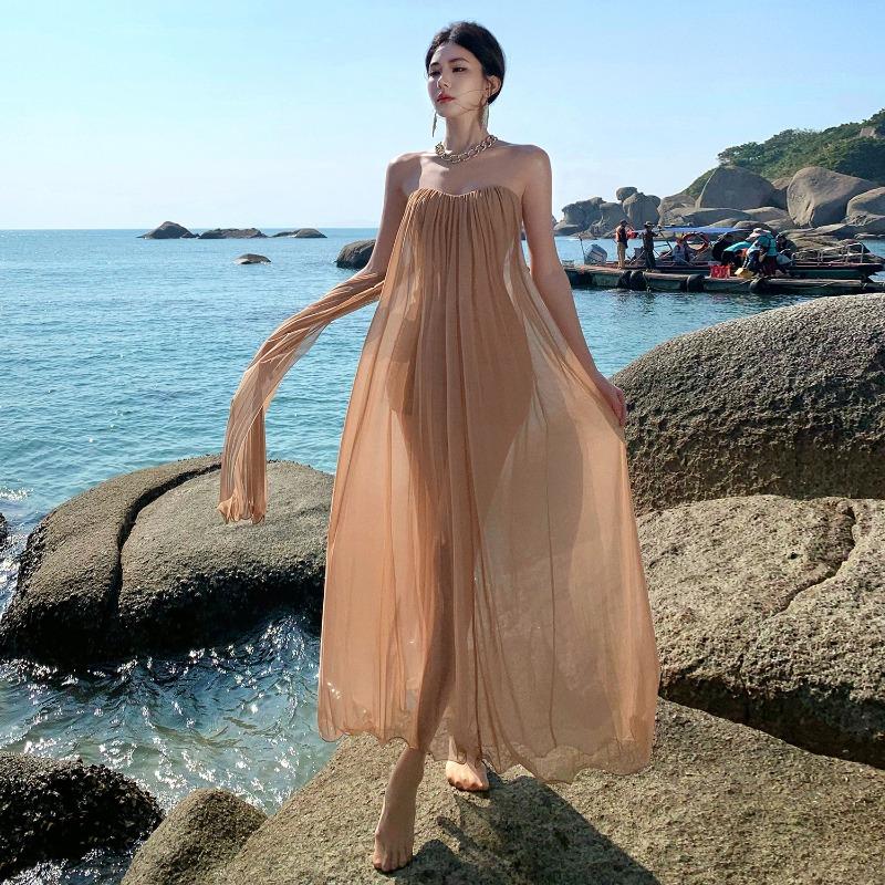 Tube Top Mesh Streamer Dress Fairy Summer Senior Sexy Backless Seaside Vacation Beach Dress Long Dress
