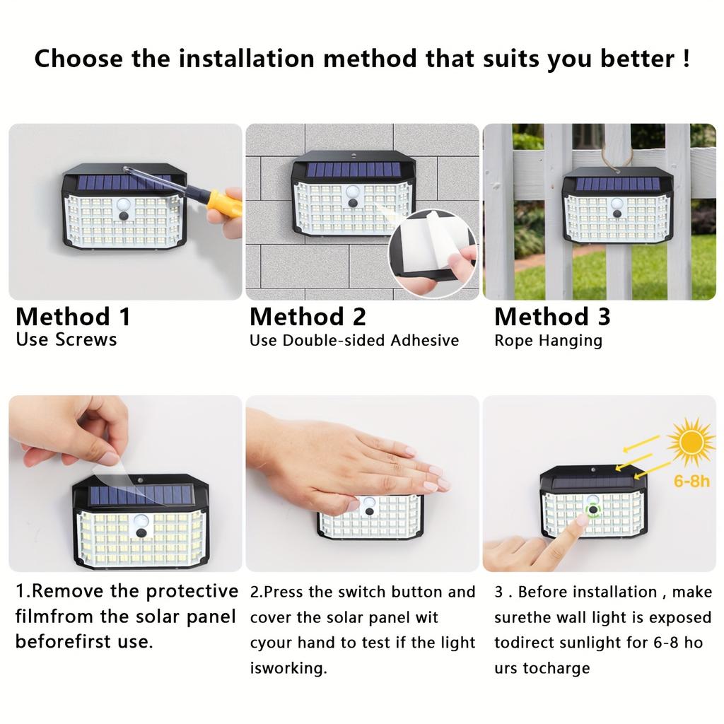 176 High Brightness LED Outdoor Solar Street Lights with Motion and Light Sensors, Suitable for Garage Front Doors, Pool Steps, Fences, Parks
