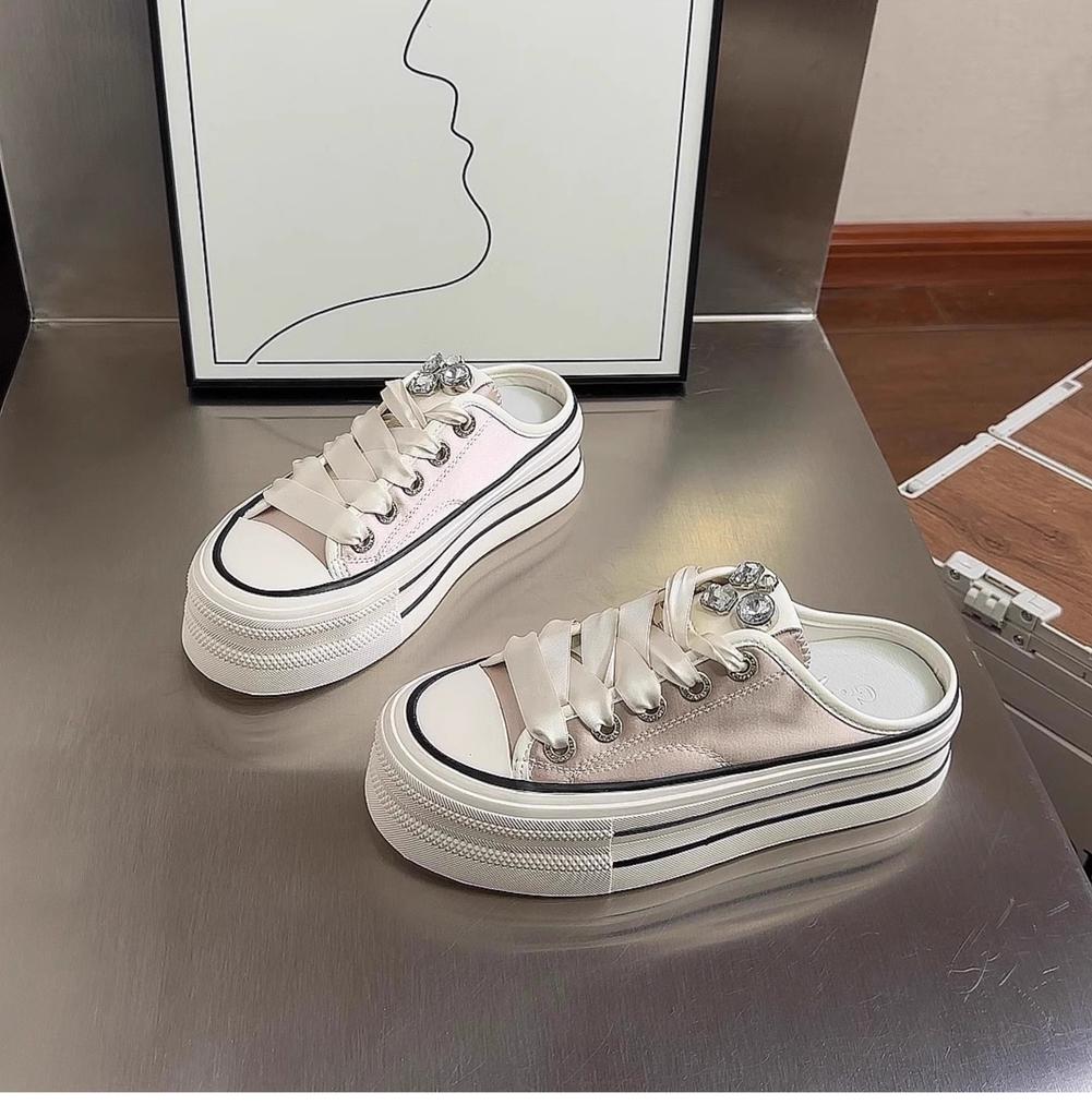 Half Slippers 2025 New Spring and Summer Super Fire Rhinestone Satin Surface Lazy Thick Bottom Versatile Bag Head Slippers Women's Wear