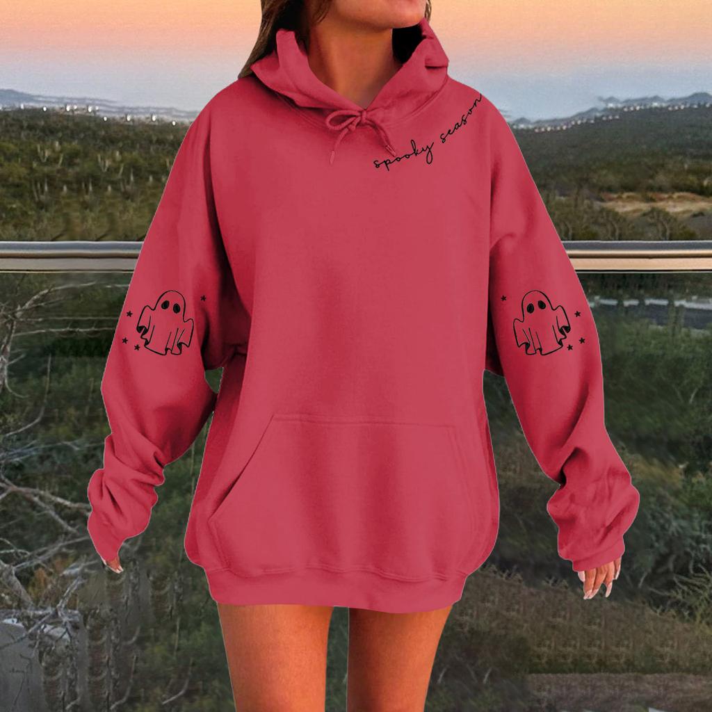 Женский однотонный пуловер с длинным рукавом, капюшоном и повседневным принтом на Хэллоуин