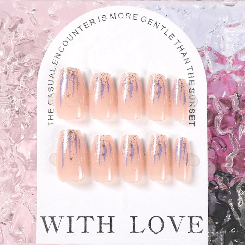 24 шт. Глиттерные накладные ногти – Короткая квадратная форма с акцентами из зеркальной пудры, ослепительный фрагментированный дизайн