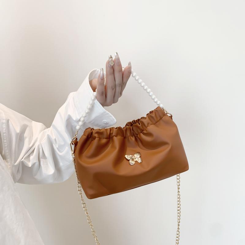 Женская сумка-бабочка из искусственной кожи, плиссированная сумка-тоут с жемчугом и цепочкой, элегантная сумка, большая вместительная однотонная сумка для вечеринки и отдыха