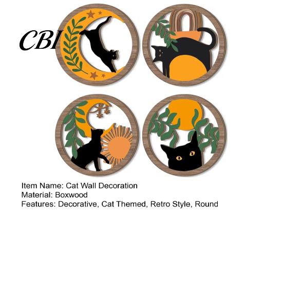 Wooden Cat Wall Art 4Pcs 3D Boho Decoration, Round Hangings, Animal Star Sun Moon Healing Night Decor Botanical Decor, Layered Wood Plaque for Living