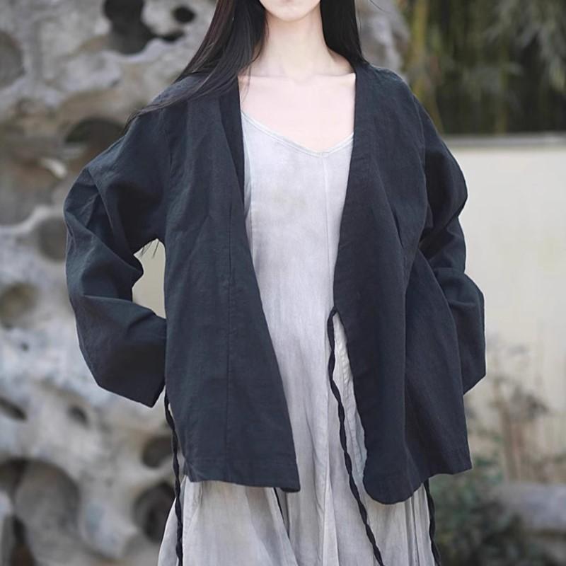 Johnature Women Chinese Style V-Neck Long Sleeve Autumn Solid Color Belt Coats