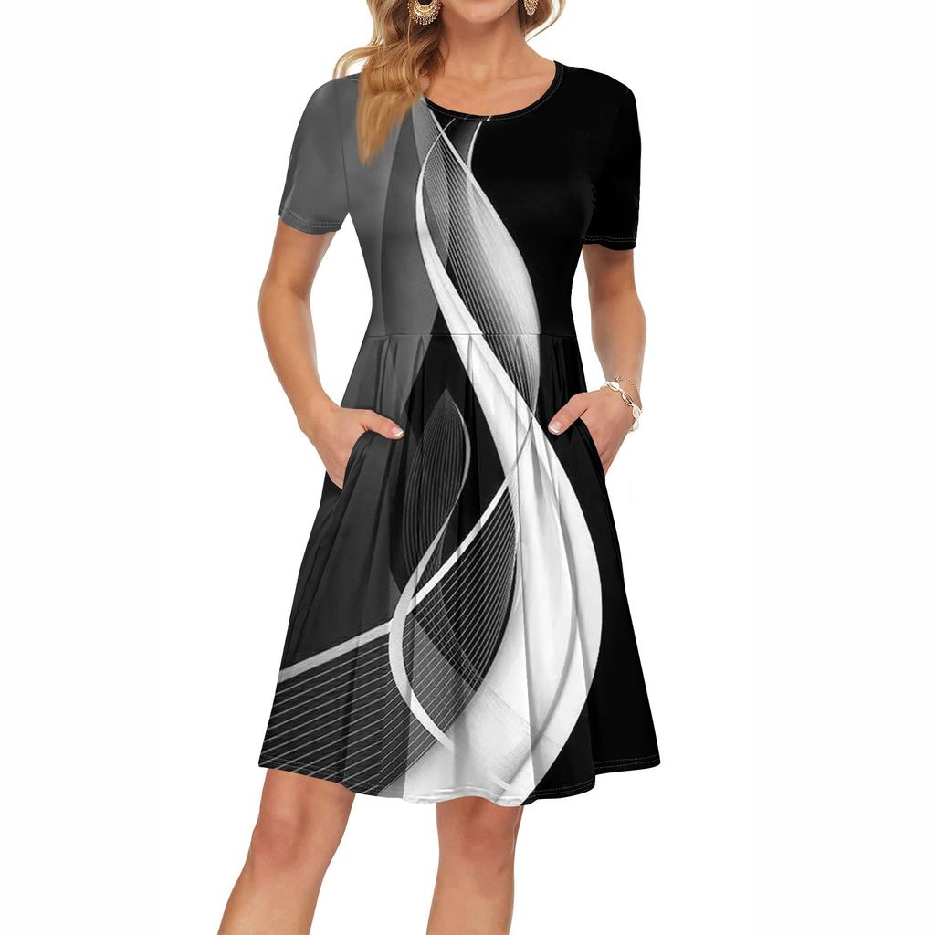 Женское платье с коротким рукавом, плиссированное, свободное, повседневное платье с карманами, платья длиной до колена