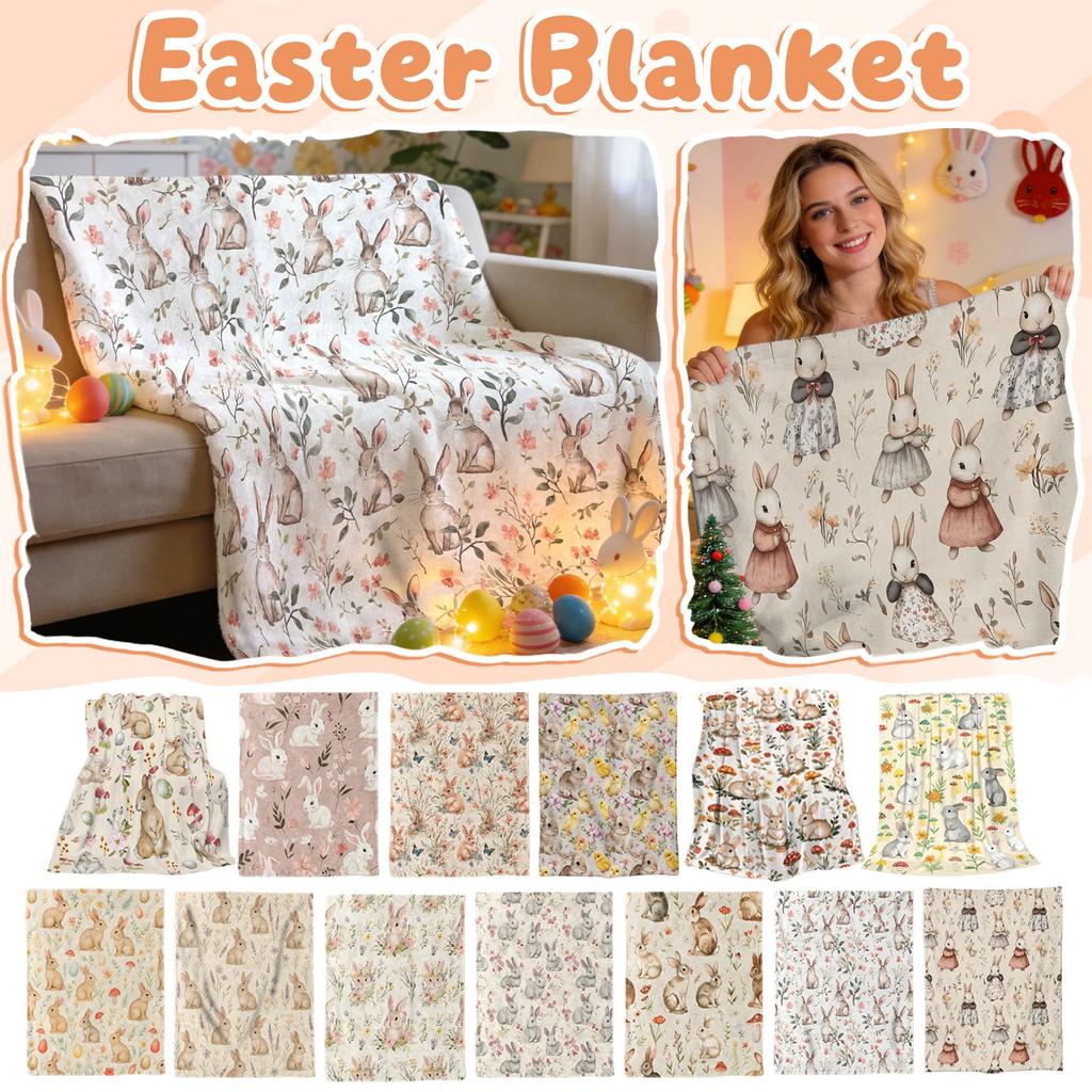 130*150cm Easter Flannel Bunny And Flower Digital Print Blanket, Bed Blanket, Small Dispenser