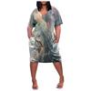 Women's Summer Plus Size V-Neck Short Sleeve Knee Pocket Printed Casual Dress