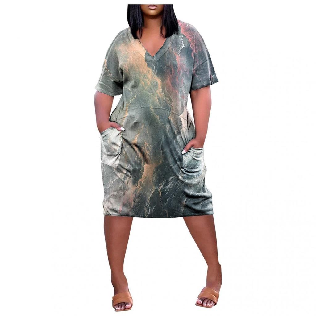 Women's Summer Plus Size V-Neck Short Sleeve Knee Pocket Printed Casual Dress