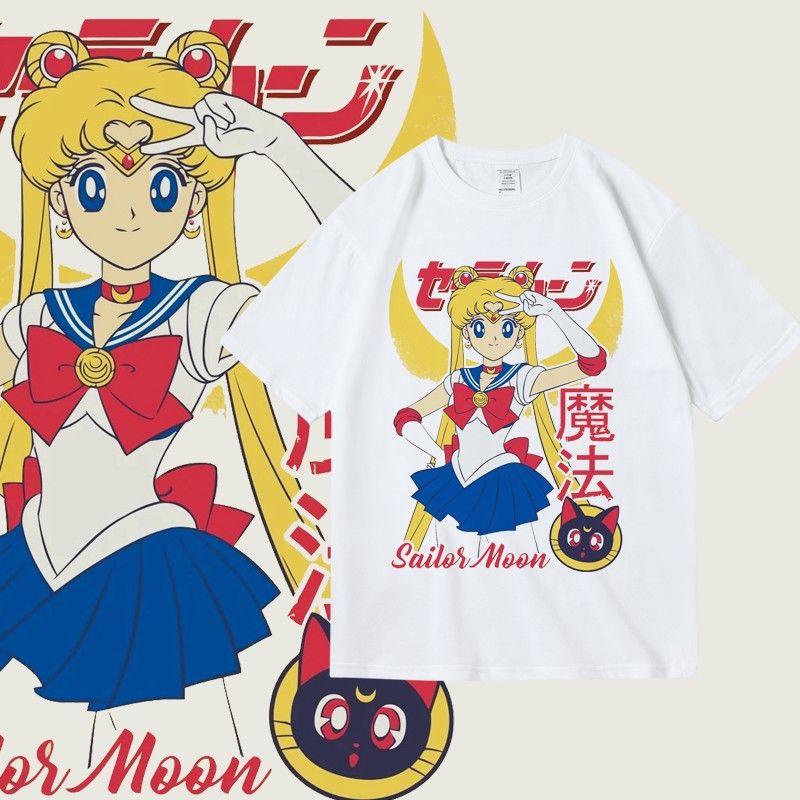 Japanese Retro Style Anime Beautiful Girl Warrior Cartoon Cartoon Printing Short Sleeved Cotton Summer Round Neck Tshirt Loose