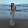 Shiny Sequin Backless Maxi Dress Women Sexy Halter Backless Lace Up Hip Package Mermaid Dresses 2025 Summer Beach Vacation Robes