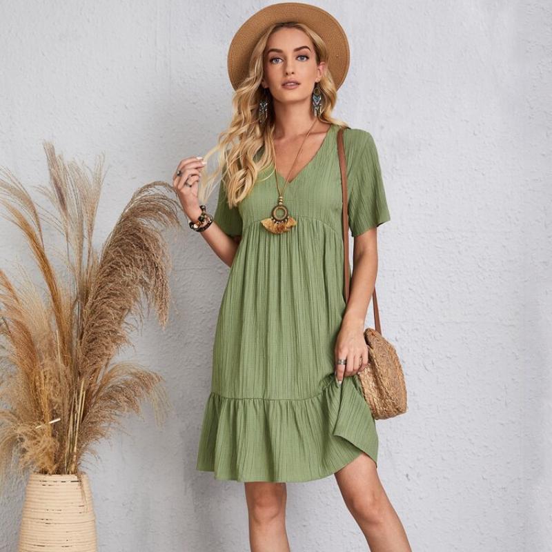 Летние свободные однотонные женские повседневные платья с коротким рукавом, модное винтажное элегантное сексуальное платье с баской, женское свободное платье с оборками на талии 25924