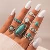 8-piece Turquoise Ring Set Ethnic Style Retro Inlaid Carved Feather Combination Ring