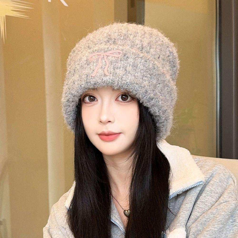 Теплая шапка с бантом, вязаная шапка, однотонная вязаная шапочка, милая вязаная крючком шапочка для бассейна, для улицы