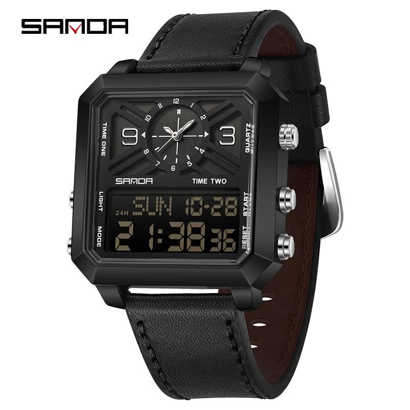 SANDA New Square Business Sports Dual Display Men's Quartz Watch Waterproof LED Analog Digital Countdown Electronic Male Watches