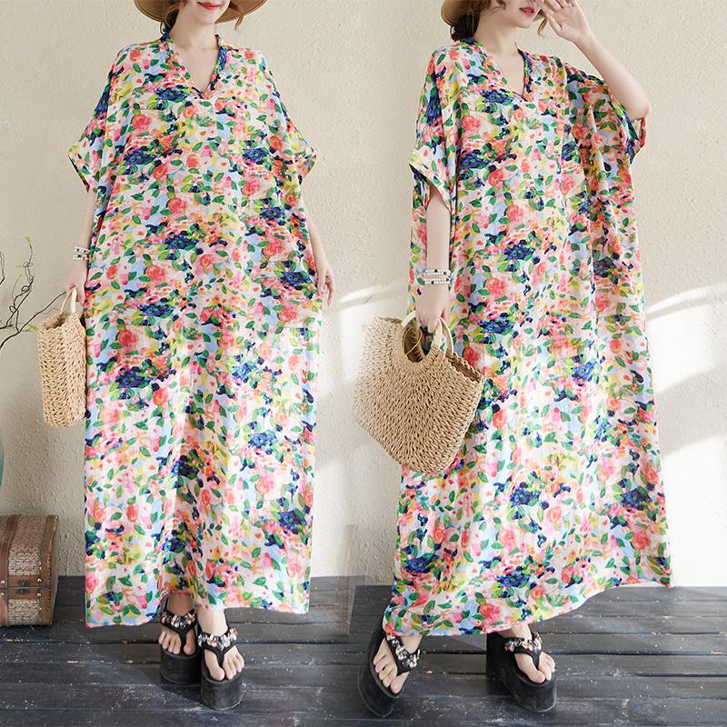 Dimanaf 2025 Женское Летнее Платье Большого Размера Цветочное Повседневное Винтажное Платье Базовое Свободное Длинное Платье Макси с V-образным Вырезом