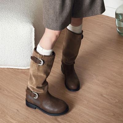 Сапоги Лу Юйсяо в стиле ретро, коричневые ковбойские сапоги в западном стиле, новинка 2025 года, универсальные полусапоги на толстом каблуке с пряжкой на ремне