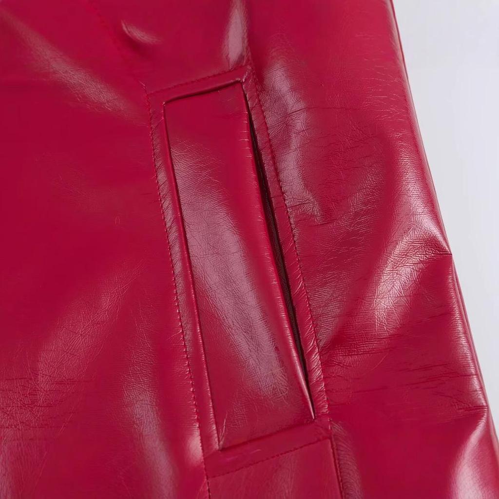 2025 Весенняя женская красная глянцевая кожаная куртка с лацканами – Европейский и американский стиль
