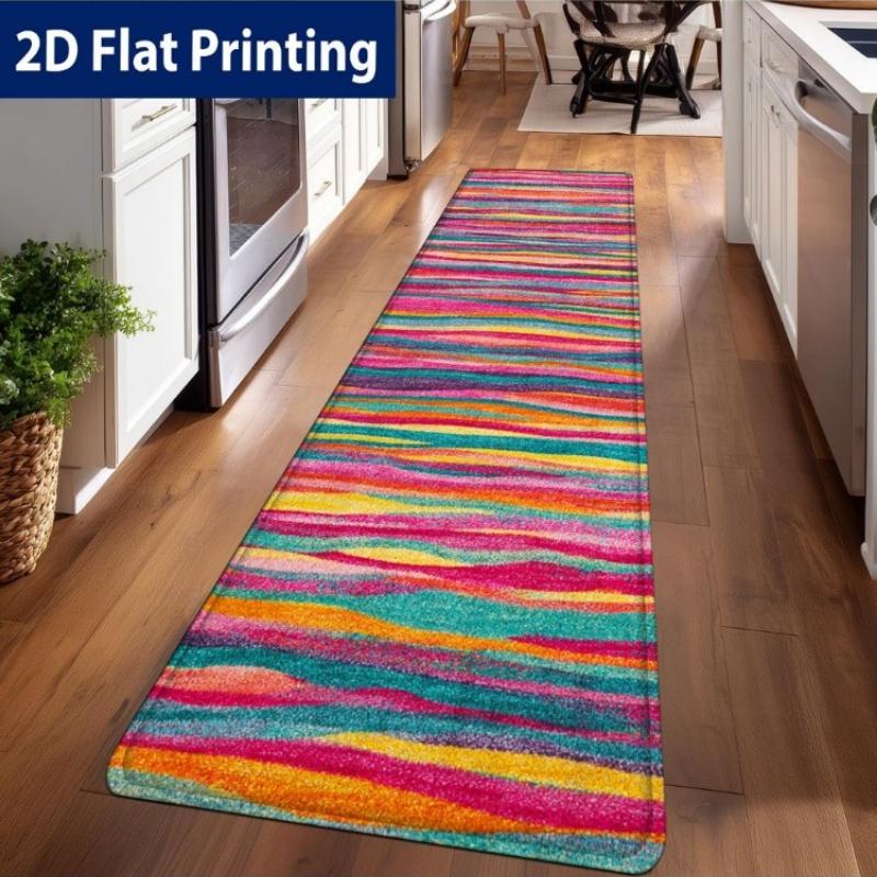 Bohemian Watercolor Rainbow Stripe Kitchen Runner Rug, Non-Slip Washable Durable Mat for Kitchen, Laundry Entryway
