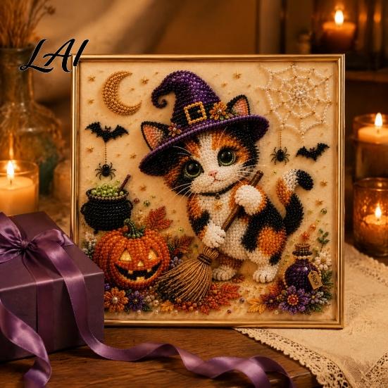 DIY Bead Art Crafts Halloween Witch Hat Cat 3D Pearl Painting Kit with Frame Hand-Pasted Craft for Adults Relaxing Handmade Kits Mosaic Home