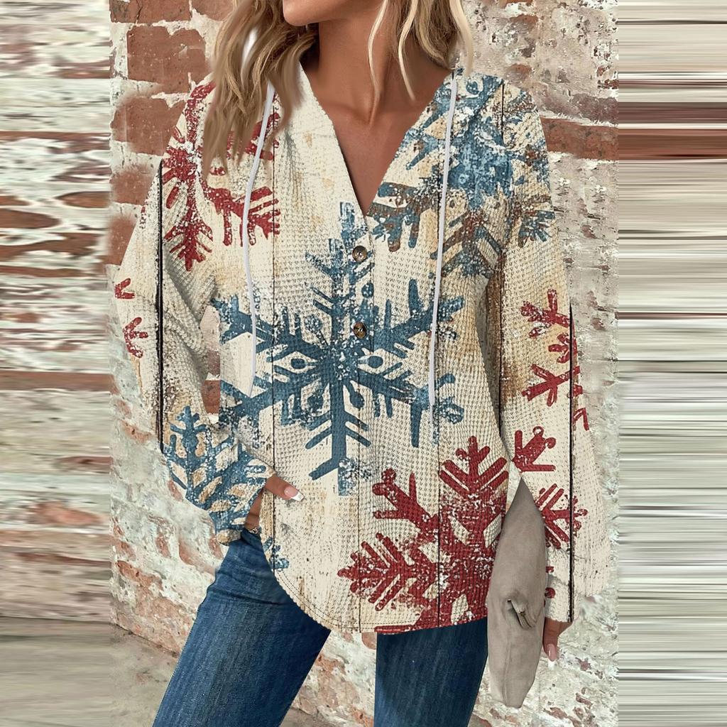 Женская мода с длинным рукавом, завязками на шнурке, капюшоном, пуговицами, V-образным вырезом, повседневная толстовка с капюшоном и рождественским принтом