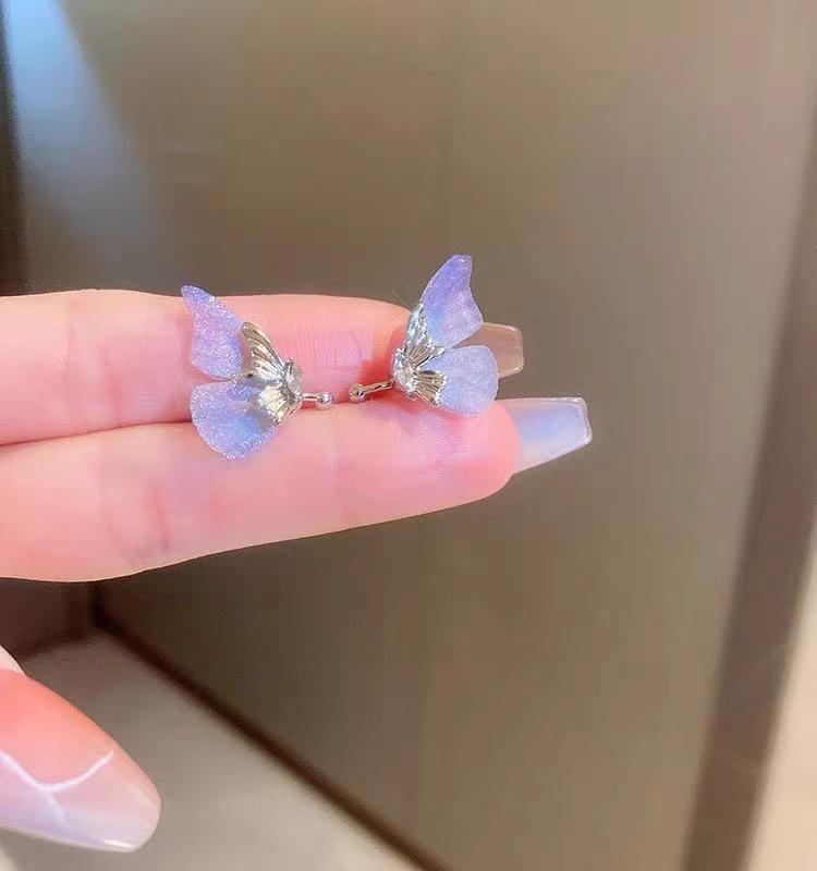 Blue & Purple Gradient Butterfly Fairy Tassel Ear Clip - No Piercing - Elf Style Earrings for Women
