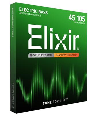 Струны для бас-гитары Elixir NANOWEB Nickel Long Scale, Light/Medium, .045-.105мм, #14077 [Официальный японский товар]