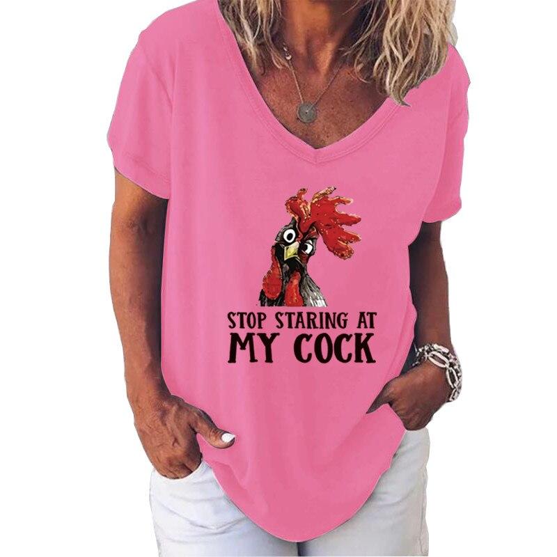 Модные весенние блузки с принтом петуха, футболки с V-образным вырезом и короткими рукавами, повседневные