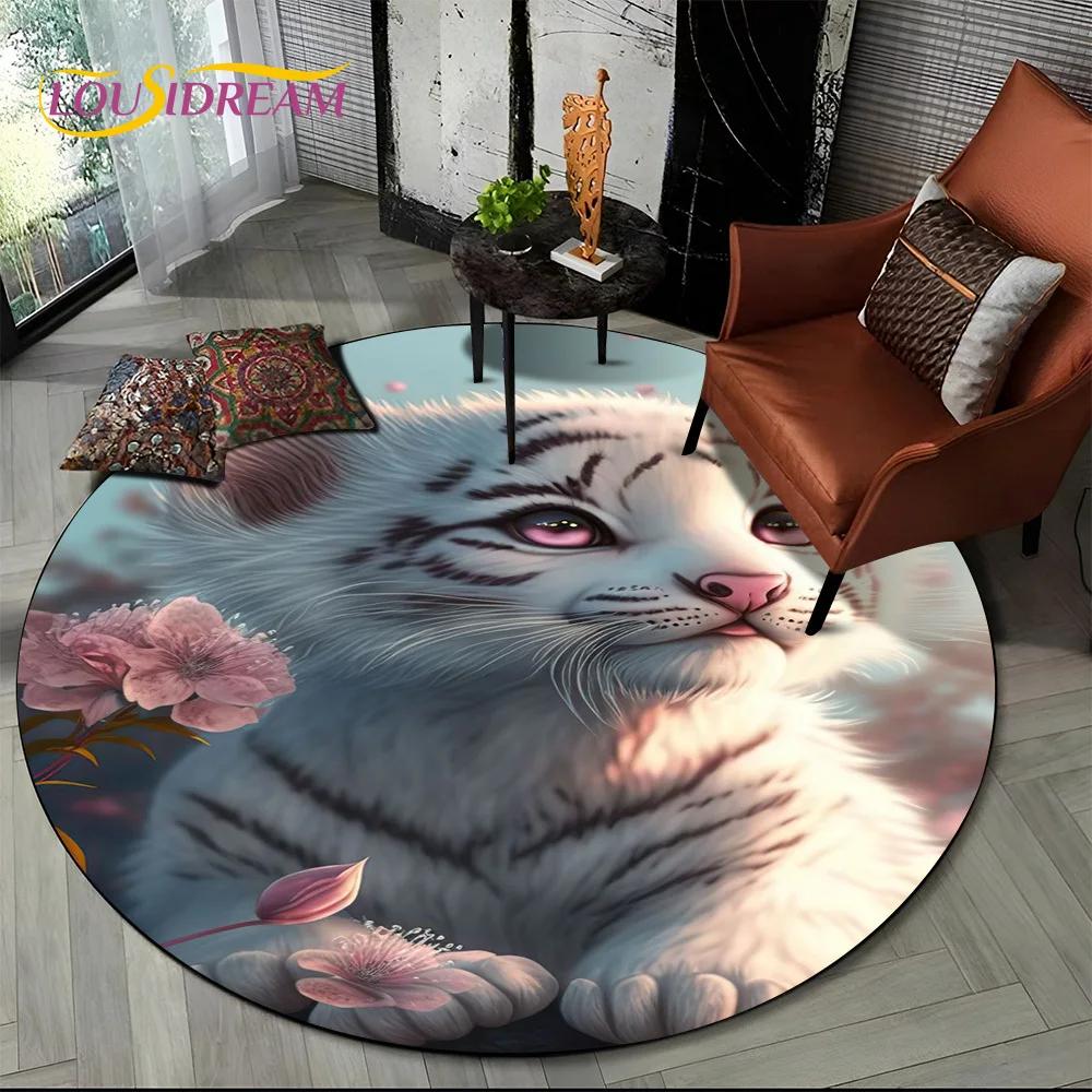 Зверь Тигр Лев Леопард Животное Дикая Природа Мультфильм Круглый Ковер Коврик для Гостиной Спальни Детский Декор, Коврик для Зоны Питомца Нескользящий Коврик