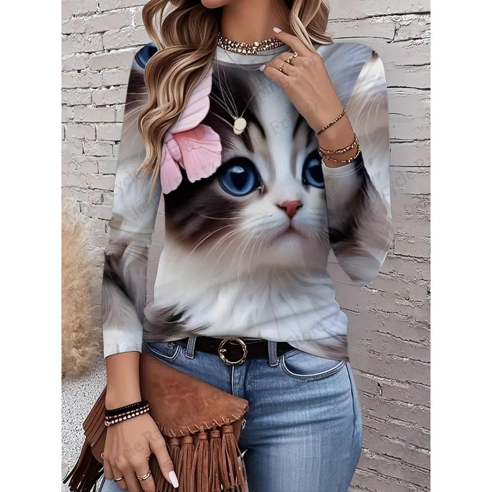 Two Cute Cat Patterns Graphic 3d Print T-Shirt Women's Long Sleeve T-shirt Women Clothing Top Fashion Casual Oversized Tops Tees