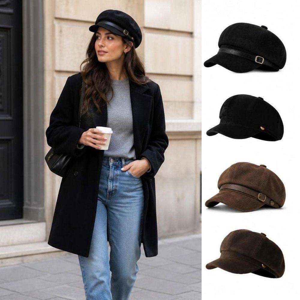 Leather Belt Decor Baker Boy Cap British Style Octagonal Beret Hat Retro Newsboy Cap Autumn Winter