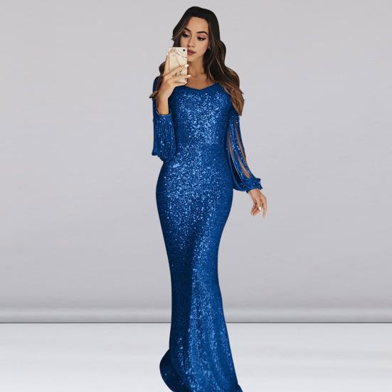 Женское платье для выпускного вечера с кисточками и рукавами-футляром, облегающее платье с V-образным вырезом, однотонное вечернее платье с блестками и рыбьим хвостом, коктейльное платье макси