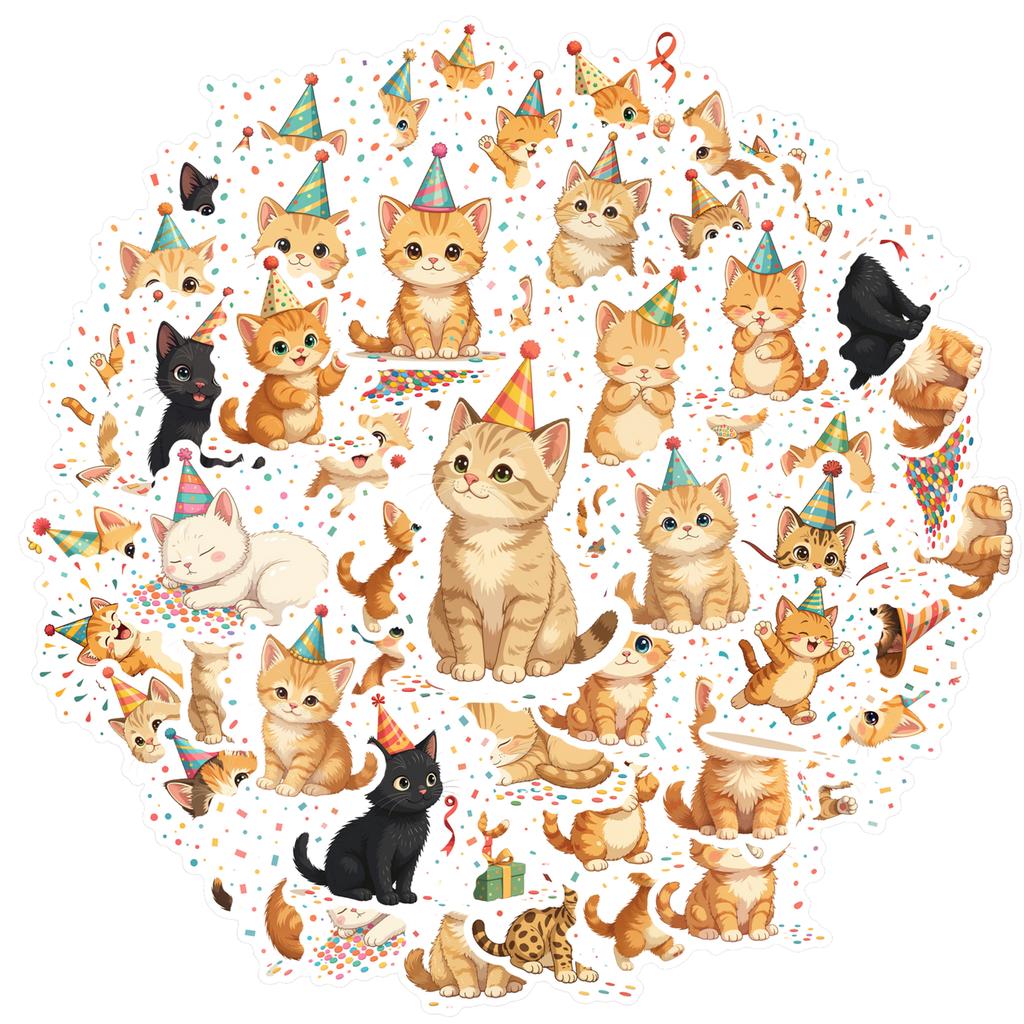 35-70pcs Adorable Birthday Cat Stickers With Party Elements Meme Graffiti Sticker Phone Guitar Laptop Notebook Waterproof Decals