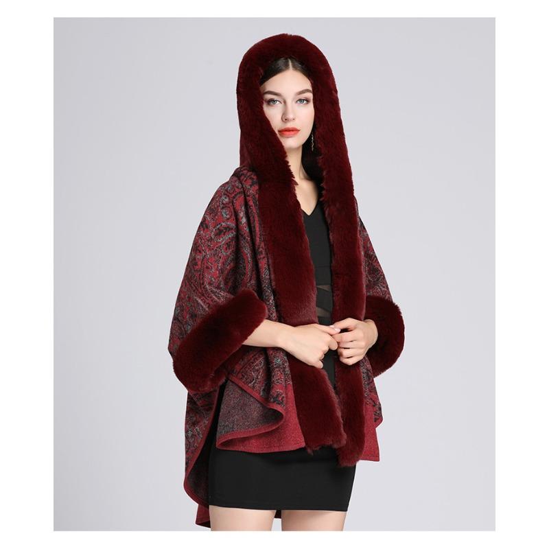 Зимняя женская шаль-накидка с меховым воротником, жаккардовым капюшоном, больших размеров, с рукавами семь восьмых, твидовый жакет-кардиган