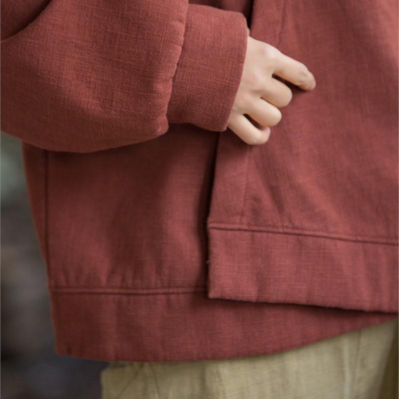 Johnature Women Chinese Style O-Neck Long Sleeve Warm Cloths Winter Solid Color Loose Tops