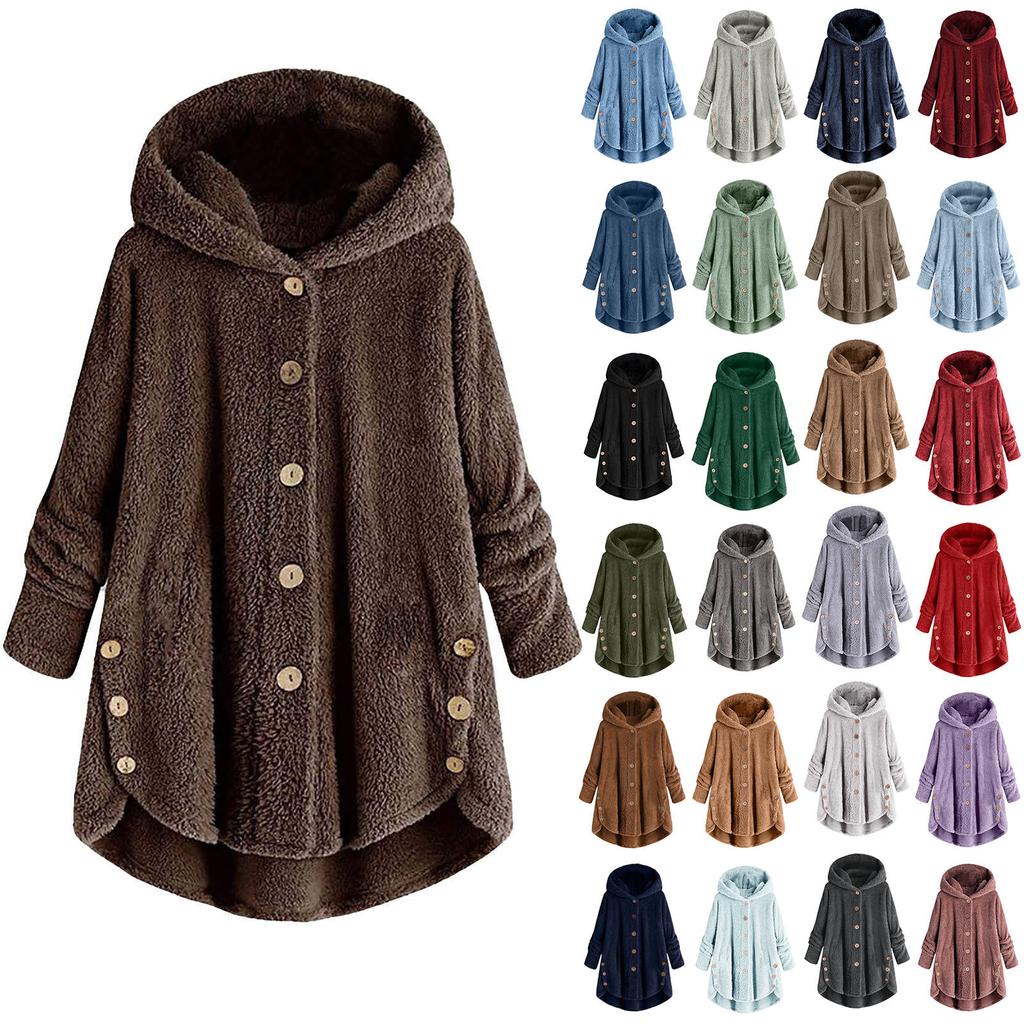 Women's Fashion Solid Color Button Hooded Plush Loose Casual Jacket