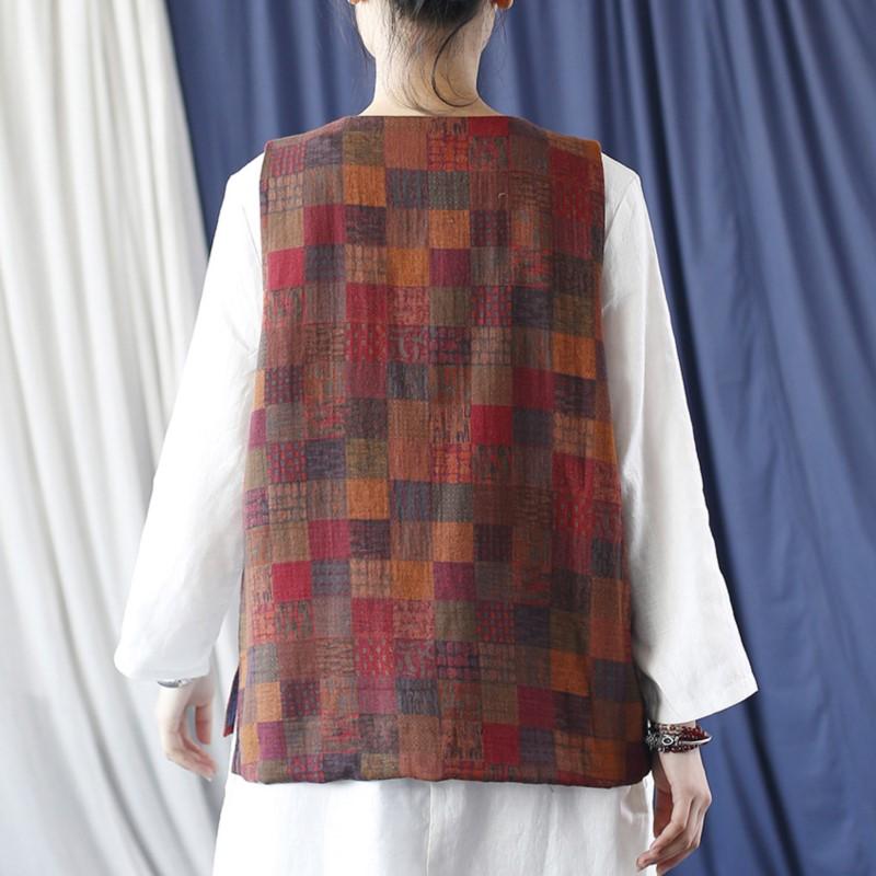 Johnature Women Vintage Plaid Vests O-Neck Button Autumn Patchwork Pockets Women Chinese Style Vests